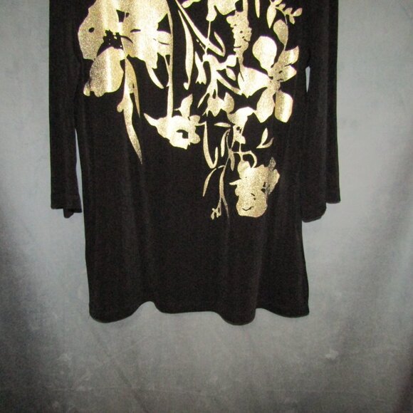 Chicos Black Gold Foiled Metallic Floral Top Womens Size L 2 Acetate 3/4 Sleeve - Picture 3 of 7